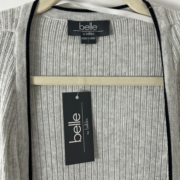 NWT Belle light grey ribbed cotton blend with black trim open cardigan size L - Picture 2 of 5